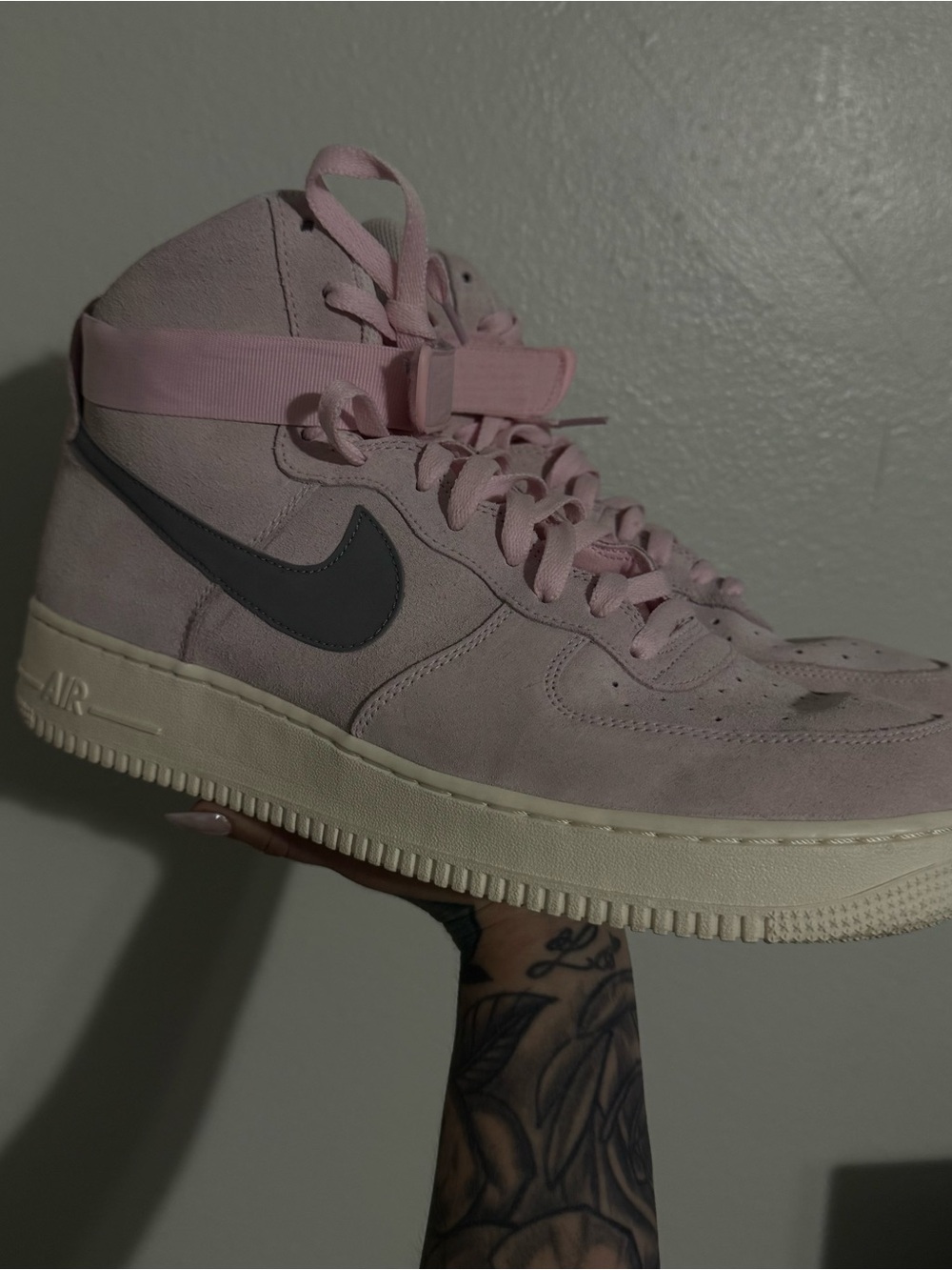 Nike High-Top Suede Sneaker in Light Pink with Gray Swoosh